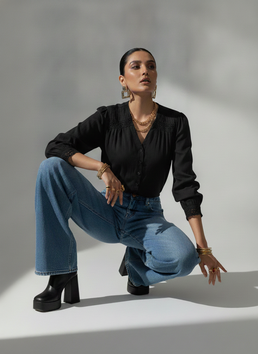 Majolica Black Cotton Button-Down Shirt | BONNARE