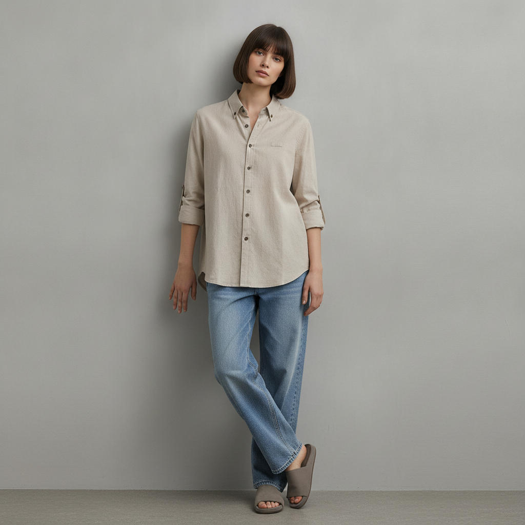 PLUS Classic Beige Cotton Button-Down Shirt | BONNARE