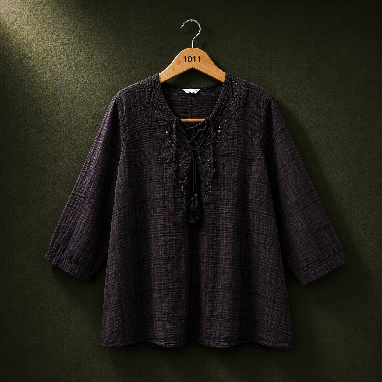 Bonnita Black Embroidered Tassel Cotton Top