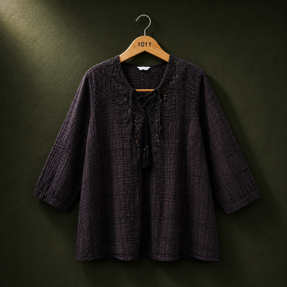 Bonnita Black Embroidered Tassel Cotton Top