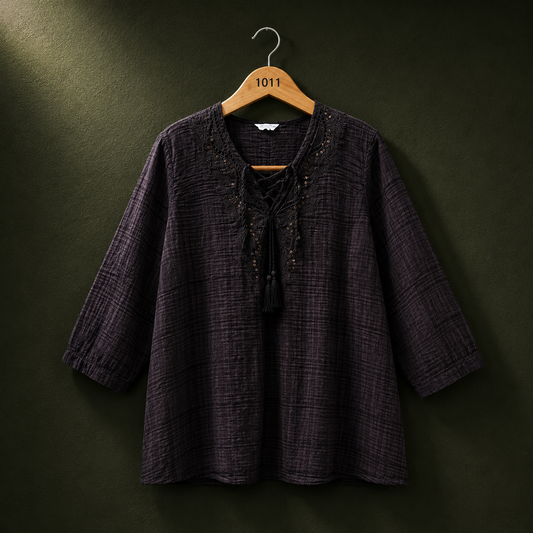 Bonnita Black Embroidered Tassel Cotton Top