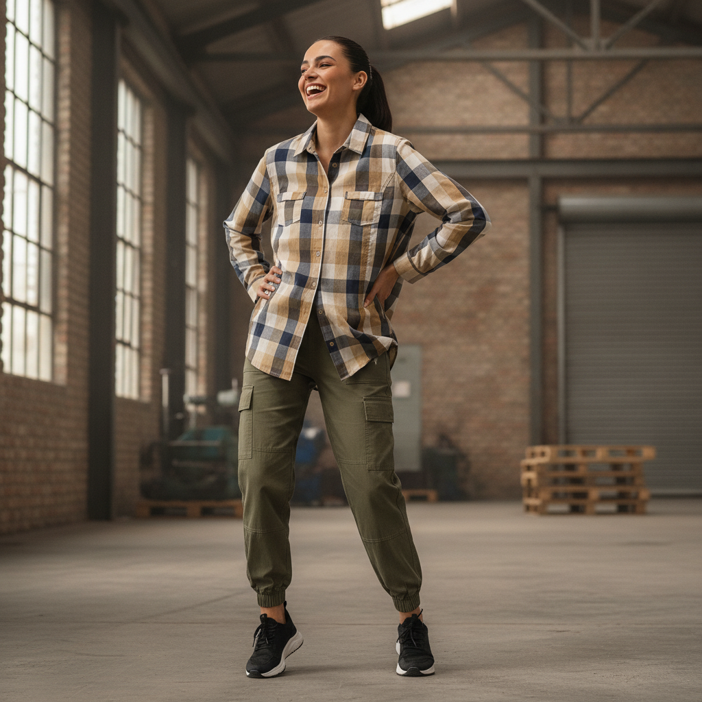 Out Fit Beige & Navy Check Cotton Shirt