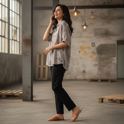 Eccentrica Grey Script Print Georgette Shirt