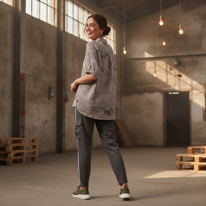 Eccentrica Grey Script Print Georgette Shirt
