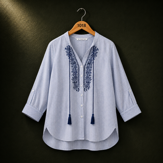 Christian Berg Blue Striped Embroidered Cotton Shirt