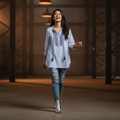 Christian Berg Blue Striped Embroidered Cotton Shirt