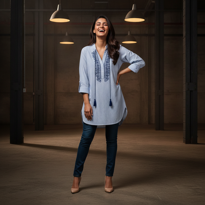 Christian Berg Blue Striped Embroidered Cotton Shirt