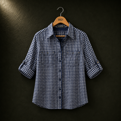 BONNITA Blue Gingham Cotton Button-Up Shirt for Women | BONNARE