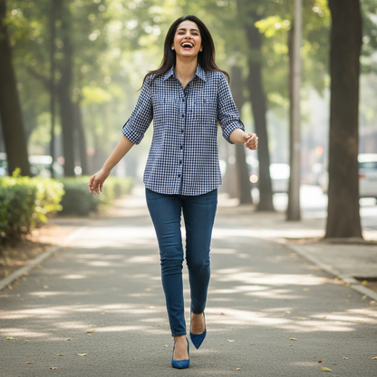BONNITA Blue Gingham Cotton Button-Up Shirt for Women | BONNARE