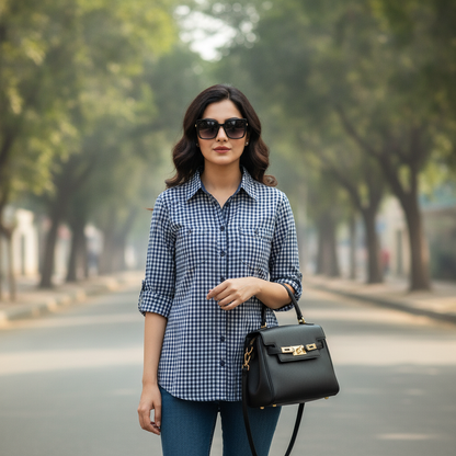 BONNITA Blue Gingham Cotton Button-Up Shirt for Women | BONNARE
