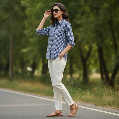 BONNITA Blue Gingham Cotton Button-Up Shirt for Women | BONNARE