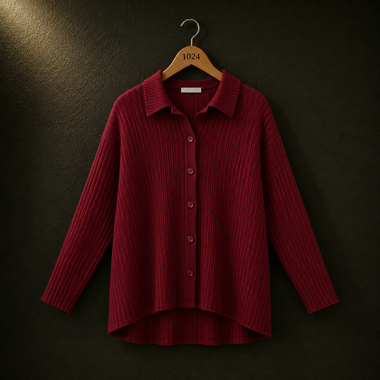 THANHMINH Burgundy Ribbed Button-Up Shirt for Women | BONNARE
