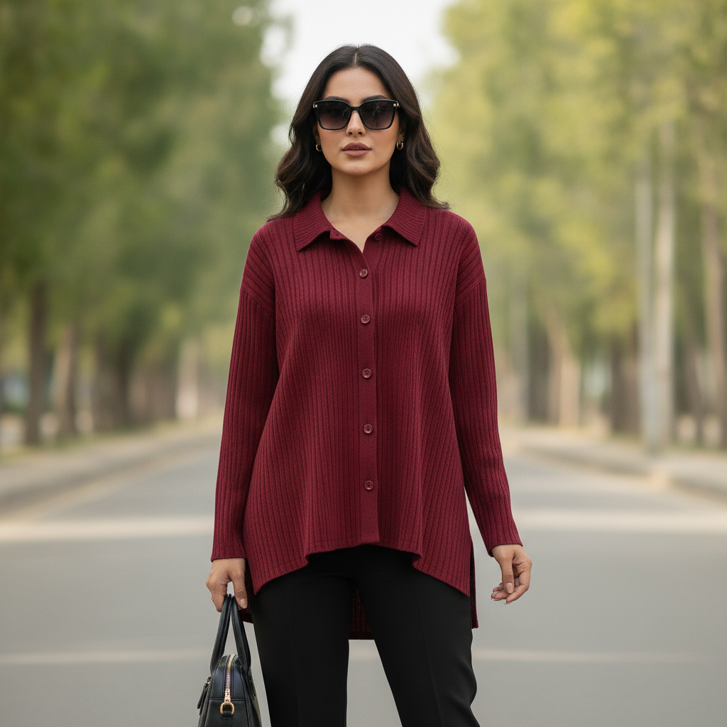 THANHMINH Burgundy Ribbed Button-Up Shirt for Women | BONNARE