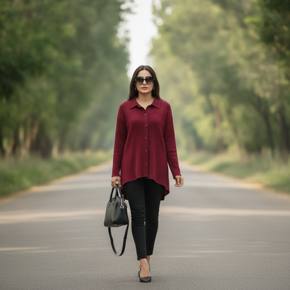 THANHMINH Burgundy Ribbed Button-Up Shirt for Women | BONNARE