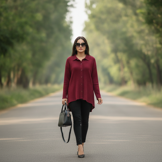 THANHMINH Burgundy Ribbed Button-Up Shirt for Women | BONNARE