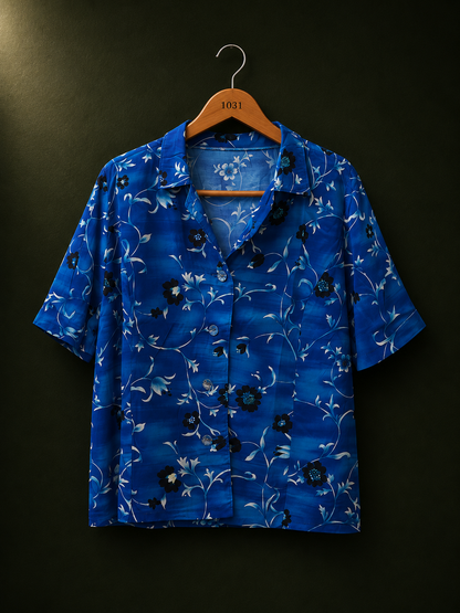 BONNARE Blue Floral Button-Up Cotton Shirt for Women