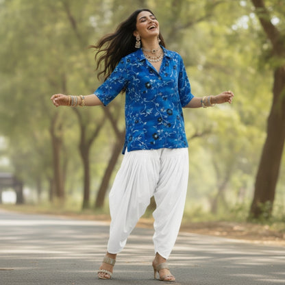 BONNARE Blue Floral Button-Up Cotton Shirt for Women