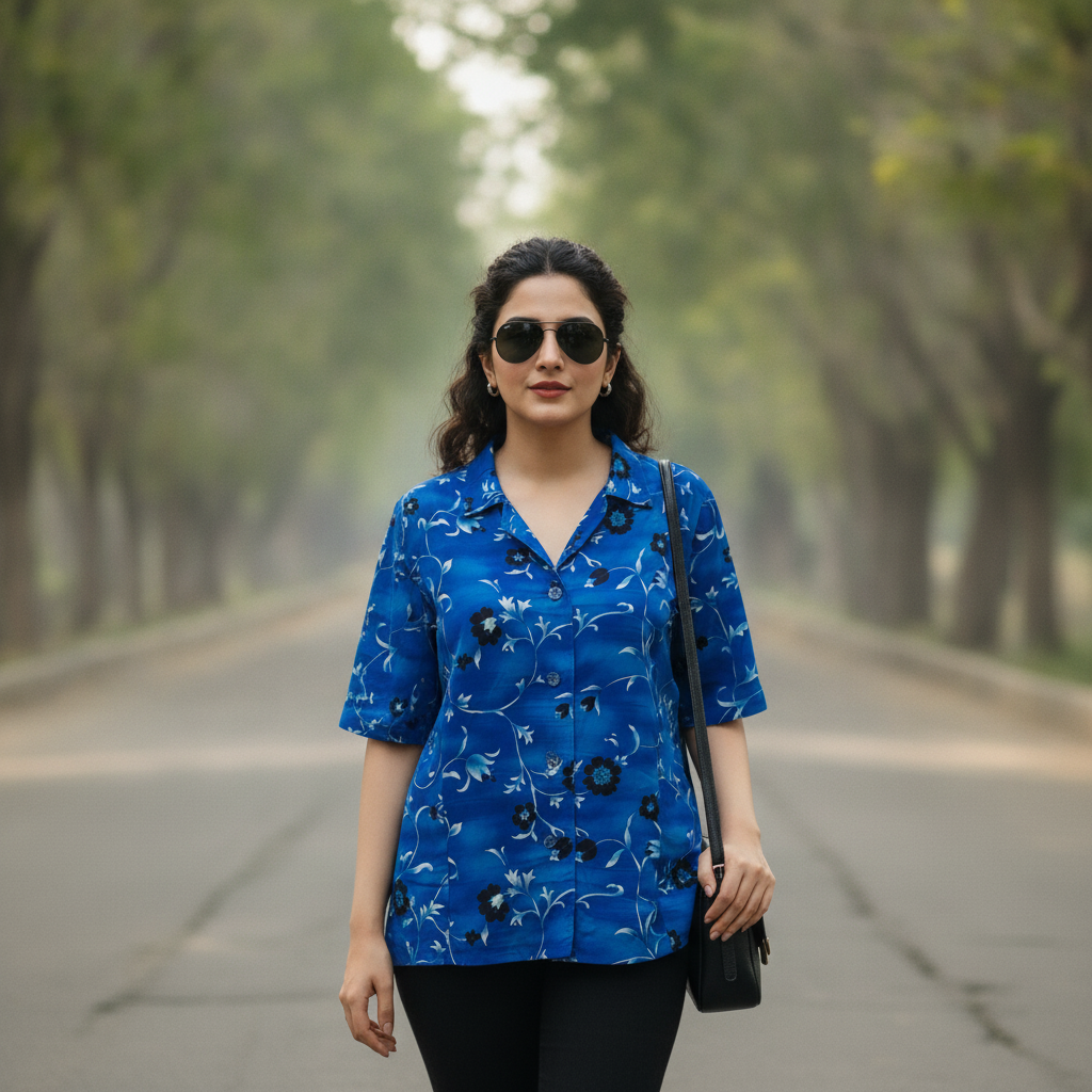 BONNARE Blue Floral Button-Up Cotton Shirt for Women
