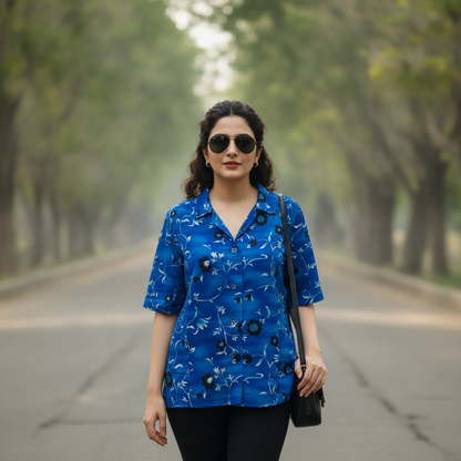 BONNARE Blue Floral Button-Up Cotton Shirt for Women