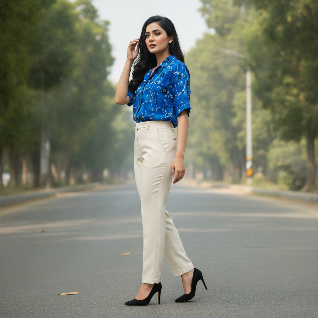 BONNARE Blue Floral Button-Up Cotton Shirt for Women