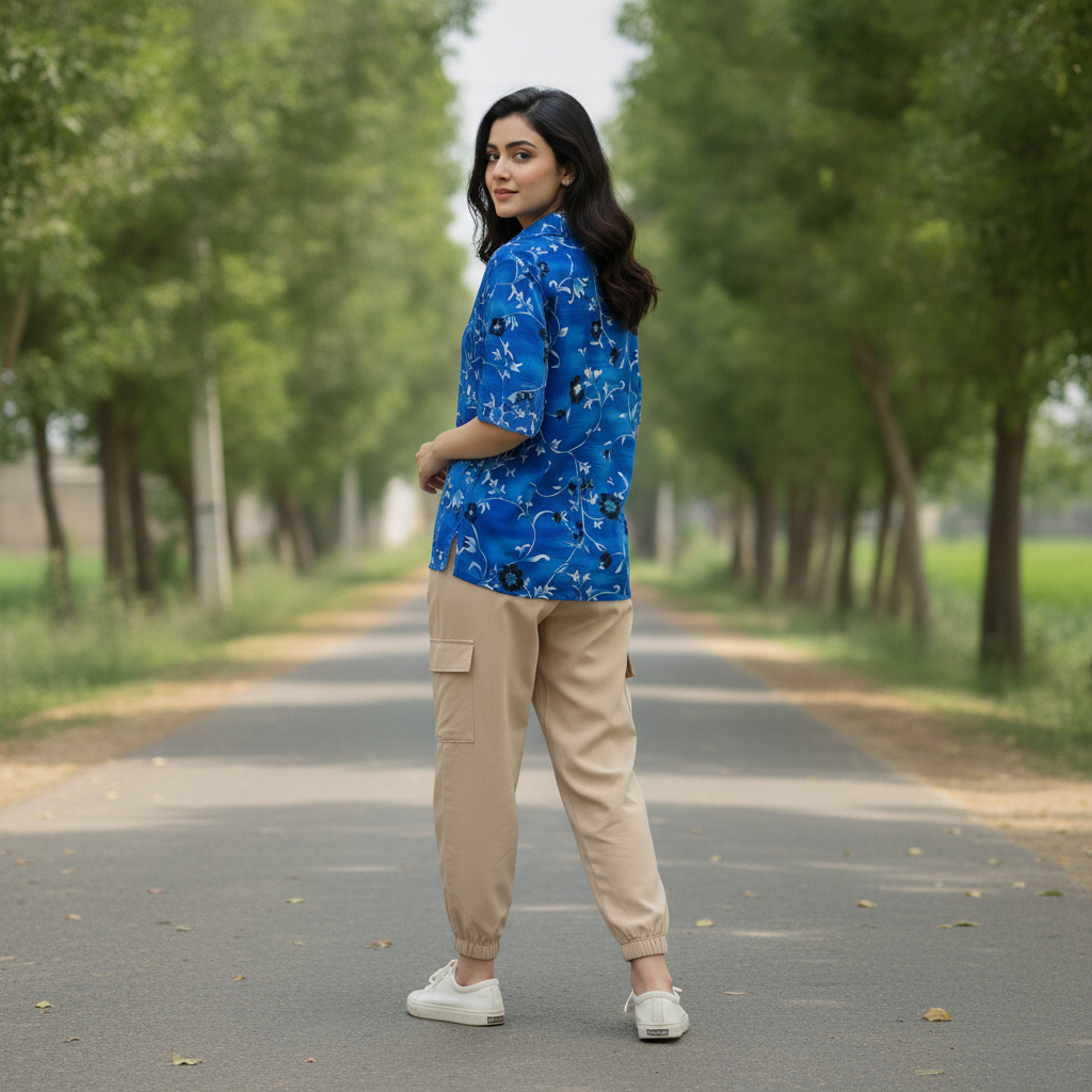 BONNARE Blue Floral Button-Up Cotton Shirt for Women