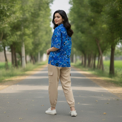 BONNARE Blue Floral Button-Up Cotton Shirt for Women