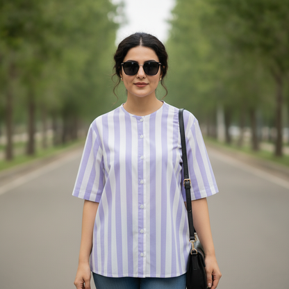 BONNARE Lavender & White Vertical Stripe Cotton Shirt for Women
