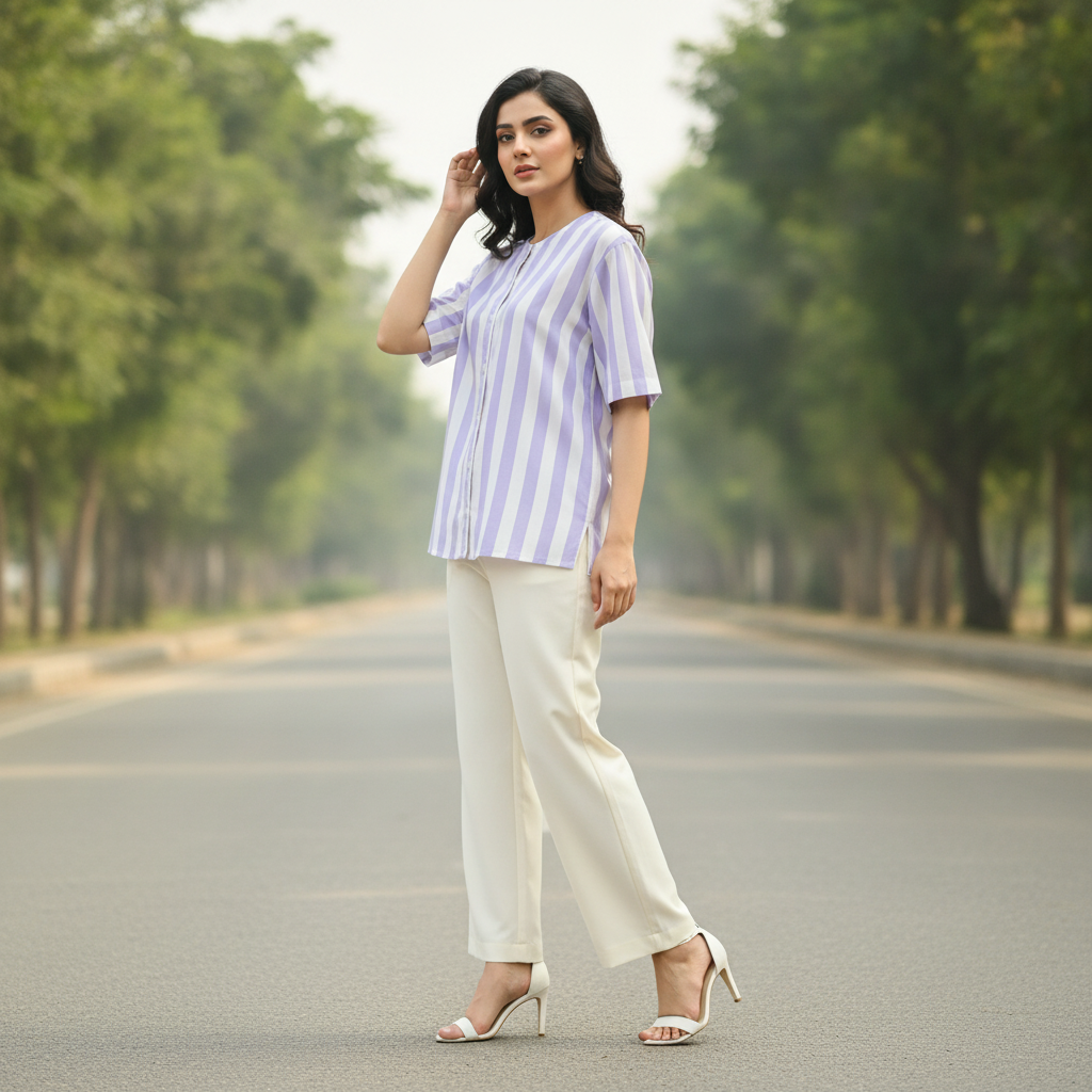 BONNARE Lavender & White Vertical Stripe Cotton Shirt for Women