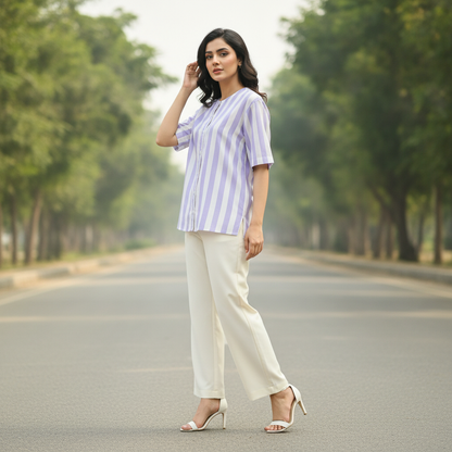 BONNARE Lavender & White Vertical Stripe Cotton Shirt for Women