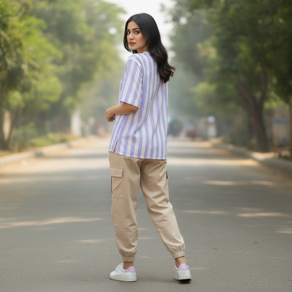 BONNARE Lavender & White Vertical Stripe Cotton Shirt for Women