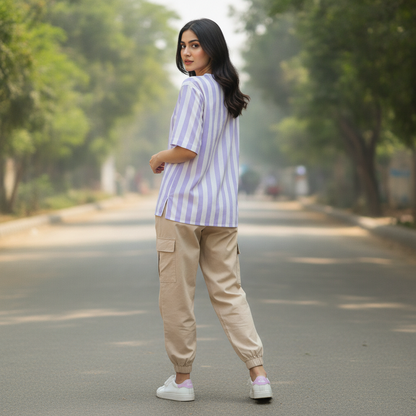 BONNARE Lavender & White Vertical Stripe Cotton Shirt for Women