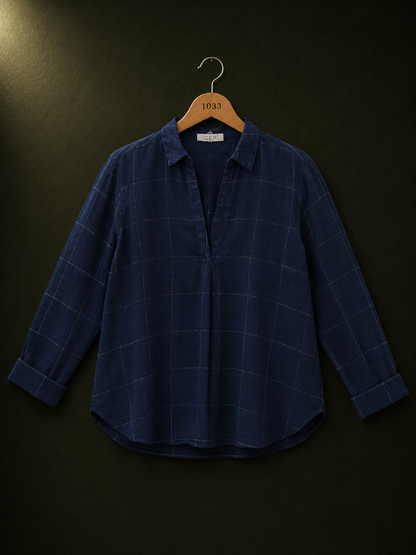 Sud Express Navy Windowpane Cotton Shirt for Women