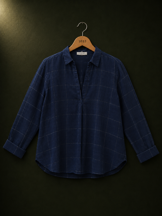 Sud Express Navy Windowpane Cotton Shirt for Women