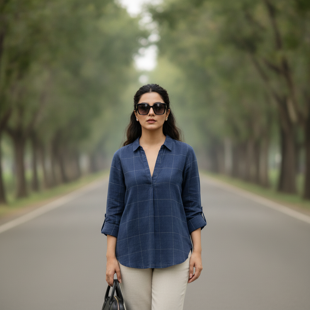 Sud Express Navy Windowpane Cotton Shirt for Women