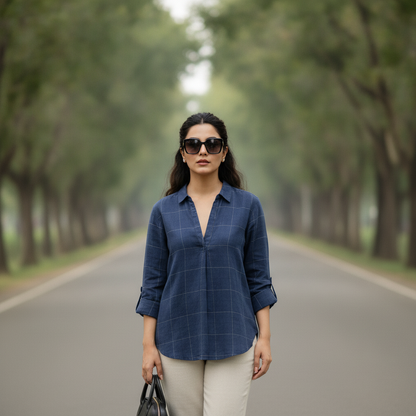 Sud Express Navy Windowpane Cotton Shirt for Women