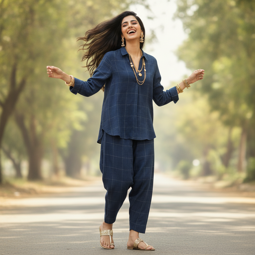 Sud Express Navy Windowpane Cotton Shirt for Women