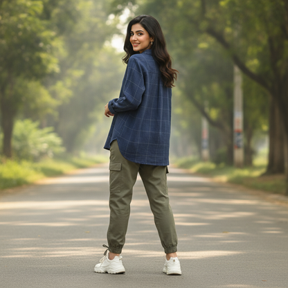 Sud Express Navy Windowpane Cotton Shirt for Women