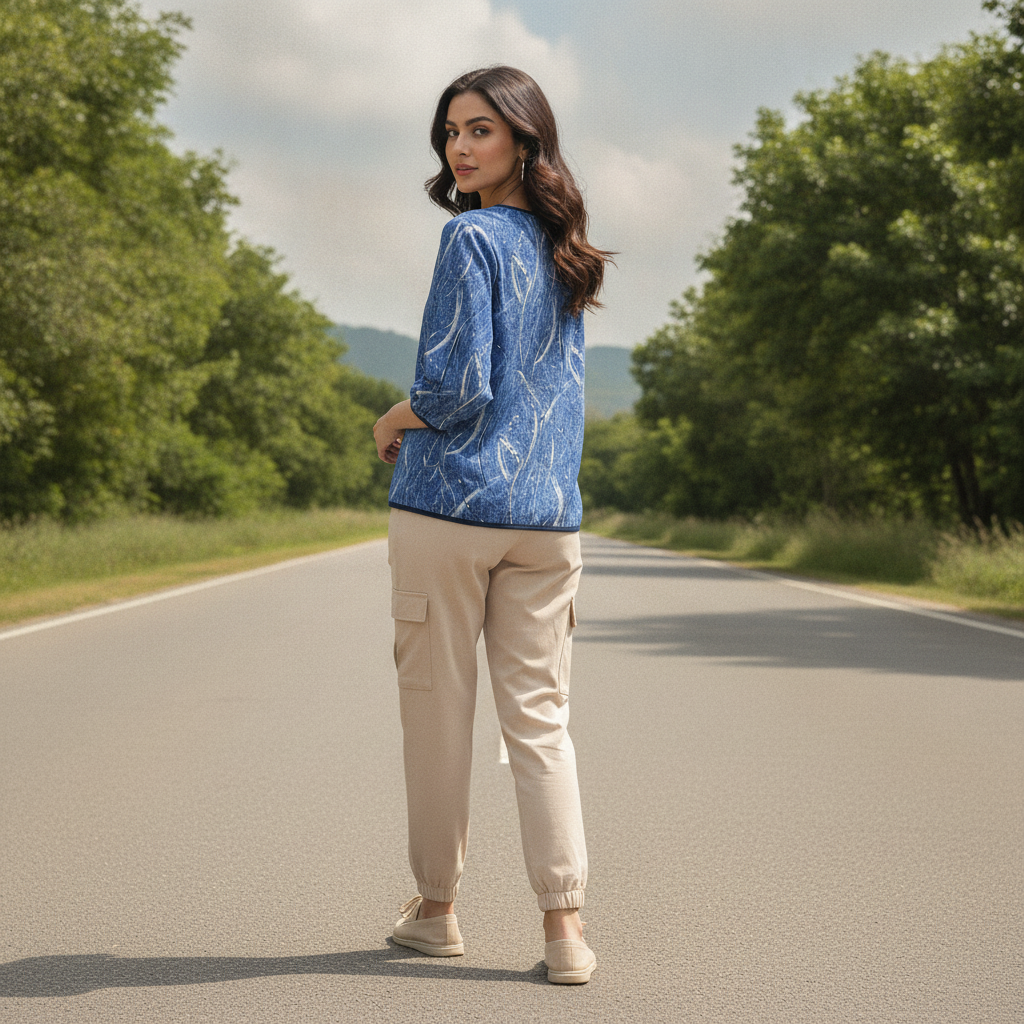 Sabrina Blue Printed Viscose Top for Women