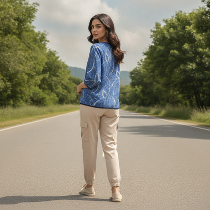 Sabrina Blue Printed Viscose Top for Women