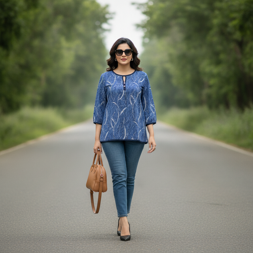 Sabrina Blue Printed Viscose Top for Women