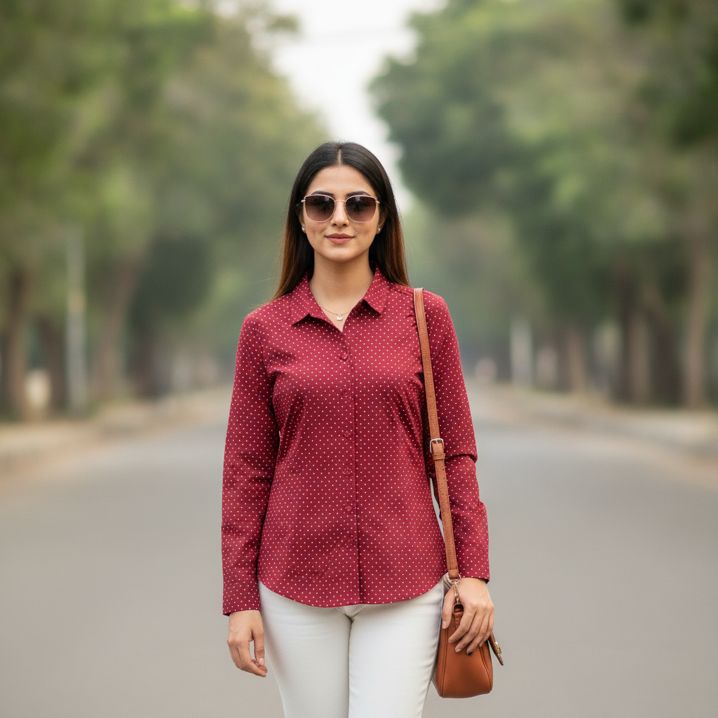 Tex Red Polka Dot Cotton Shirt for Women