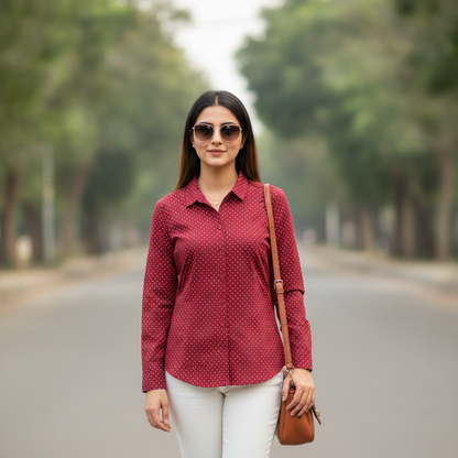 Tex Red Polka Dot Cotton Shirt for Women