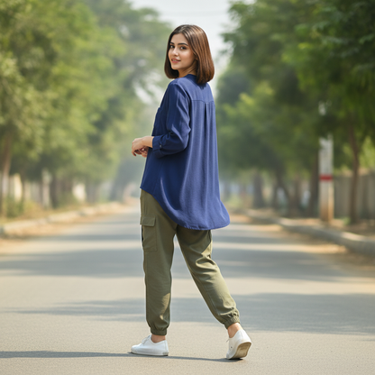 Atmosphere Navy Viscose Button Shirt for Women