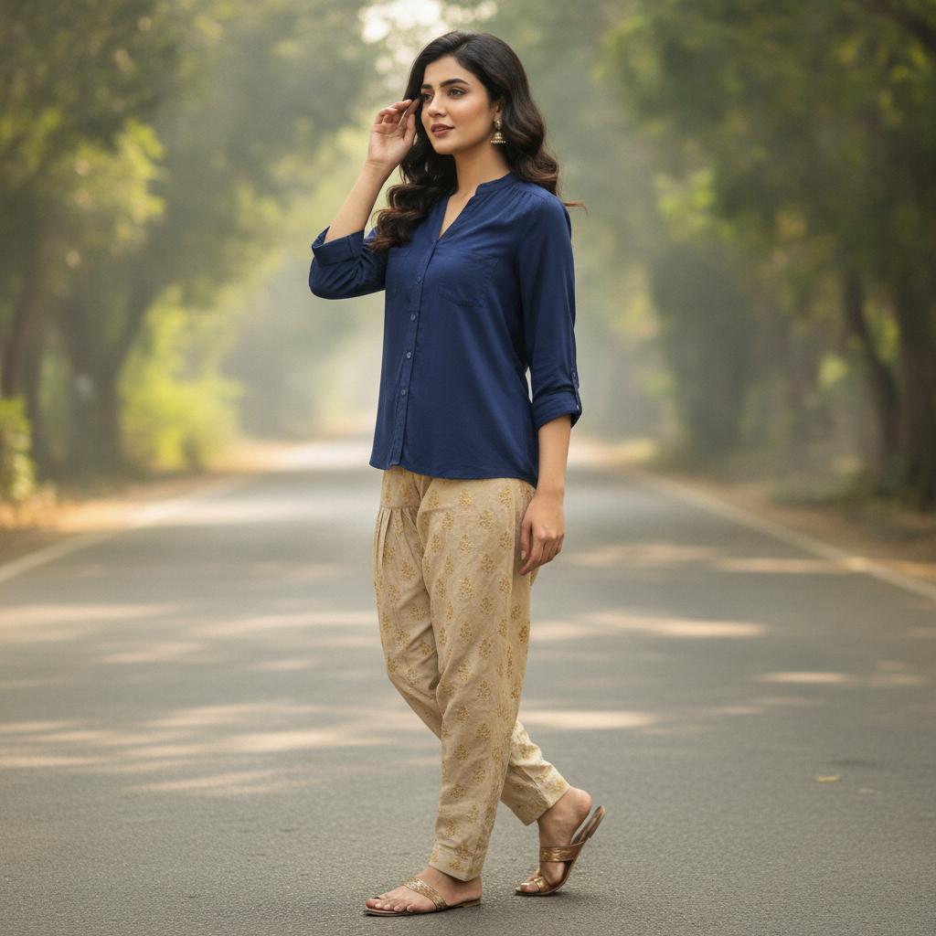 Atmosphere Navy Viscose Button Shirt for Women