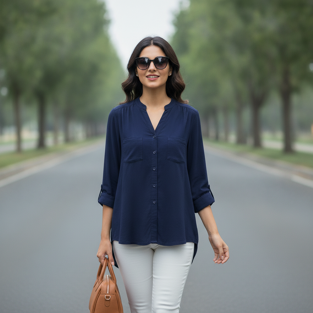 Atmosphere Navy Viscose Button Shirt for Women