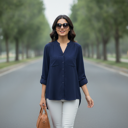 Atmosphere Navy Viscose Button Shirt for Women