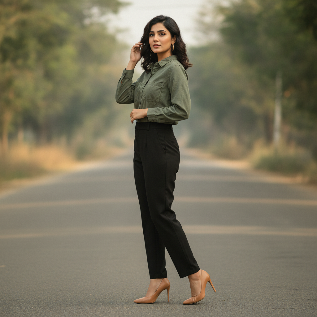 Zara Olive Green Button-Up Polyester Shirt for Women