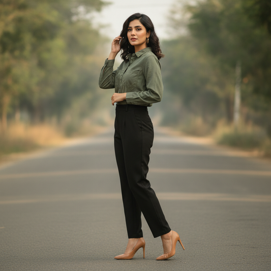 Zara Olive Green Button-Up Polyester Shirt for Women