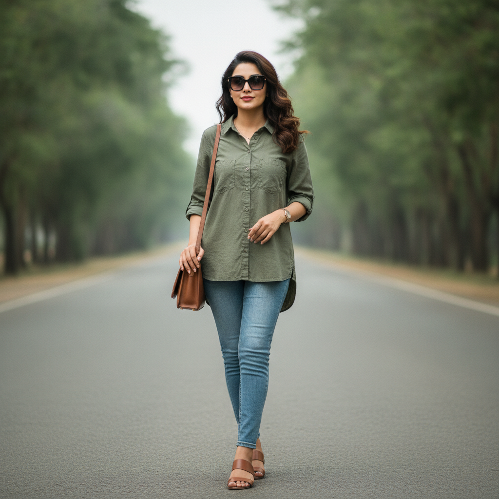 Zara Olive Green Button-Up Polyester Shirt for Women