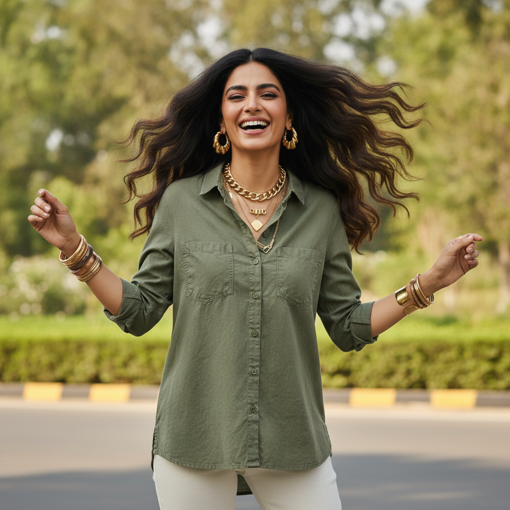 Zara Olive Green Button-Up Polyester Shirt for Women